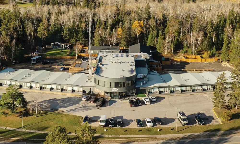 The Hotel at Falcon Lake in Falcon Lake, Manitoba. Aerial view of the property showing The Hotel, The Backyard, and The El'Nor Lodge.